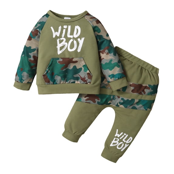 18 Months Baby Boys Clothes 24 Months Boys 2PCS Camo Outfits Set Letter Print Round Neck Toddler Boys Long Sleeve Top Pants Set Green