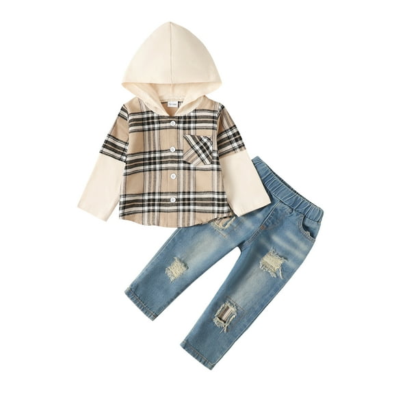 18 Months Baby Boys Clothes 24 Months Boys 2PCS Fall Winter Denim Outfits Set Toddler Boys Long Sleeve Hooded Plaid Top Denim Pants Set Khaki