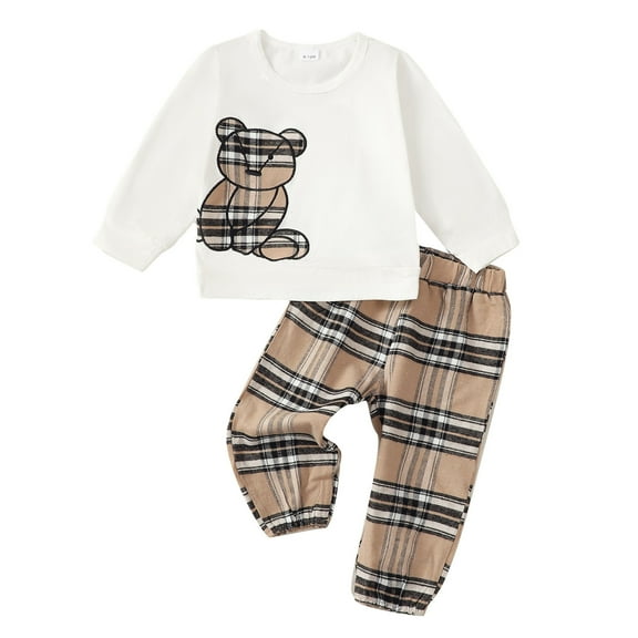 18 Months Baby Boys Clothes 24 Months Boys 2PCS Fall Winter Outfits Set Cute Bear Print Toddler Boys Long Sleeve Round Neck Top Pants Set White