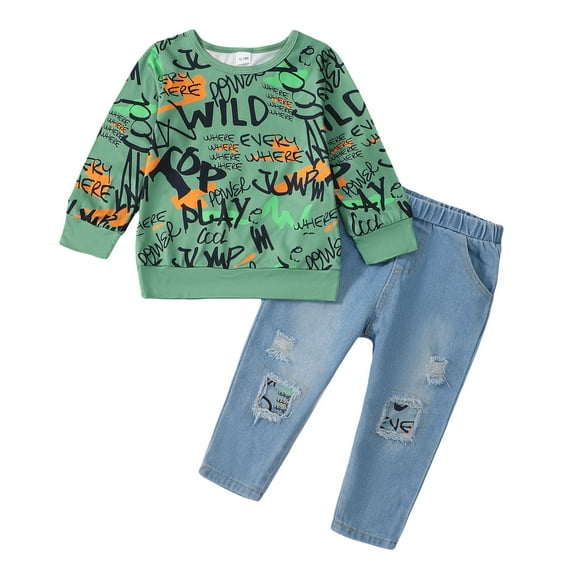 18 Months Baby Boys Clothes 24 Months Boys 2PCS Fall Winter Outfits Set Letter Print Round Neck Toddler Boys Long Sleeve Top Denim Pants Set Green