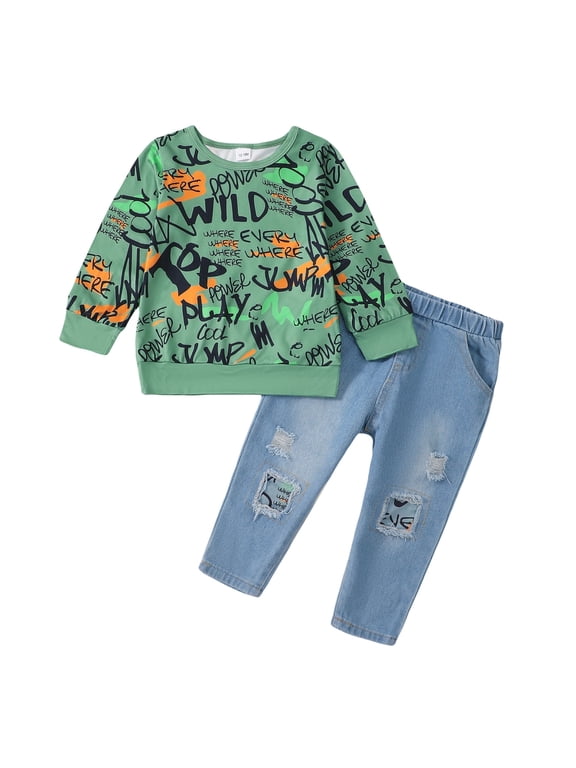 18 Months Baby Boys Clothes 24 Months Boys 2PCS Fall Winter Outfits Set Letter Print Round Neck Toddler Boys Long Sleeve Top Denim Pants Set Green