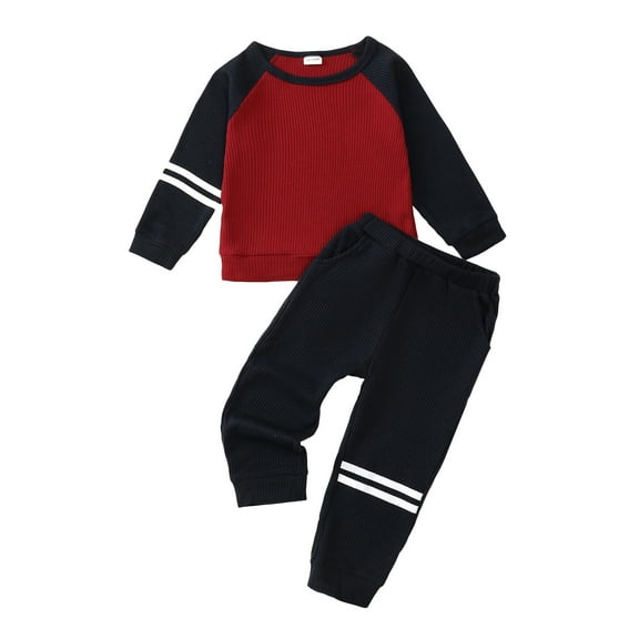 18 Months Baby Boys Clothes 24 Months Boys 2PCS Fall Winter Outfits Set Round Neck Toddler Boys Long Sleeve Top Pants Set Red