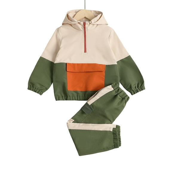 18 Months Baby Boys Clothes 24 Months Boys 2PCS Fall Winter Outfits Set Toddler Boys Long Sleeve Color-blocked Hoodie Top Pants Set Green
