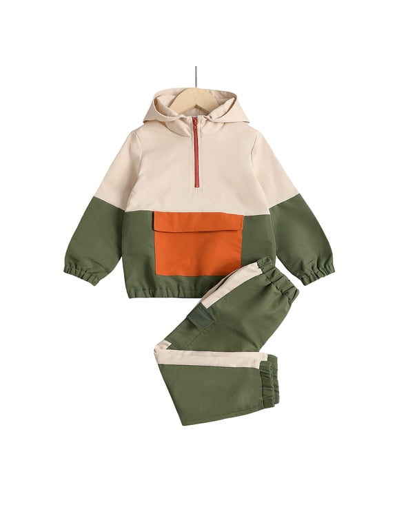18 Months Baby Boys Clothes 24 Months Boys 2PCS Fall Winter Outfits Set Toddler Boys Long Sleeve Color-blocked Hoodie Top Pants Set Green