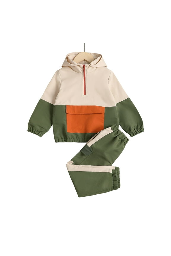 18 Months Baby Boys Clothes 24 Months Boys 2PCS Fall Winter Outfits Set Toddler Boys Long Sleeve Color-blocked Hoodie Top Pants Set Green