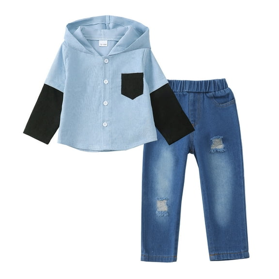 18 Months Baby Boys Clothes 24 Months Boys 2PCS Fall Winter Outfits Set Toddler Boys Long Sleeve Hoodie Top Denim Pants Set Blue