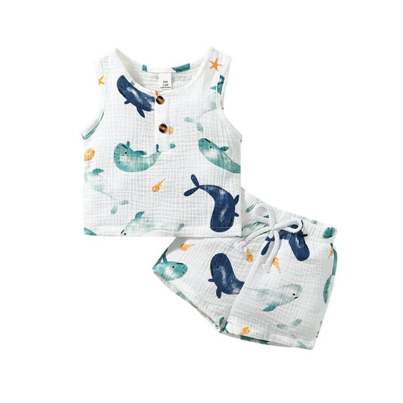 18 Months Baby Boys Clothes 24 Months Boys 2PCS Summer Outfits Set Dolphin Print Crew Neck Toddler Boys Sleeveless Top Shorts Set White