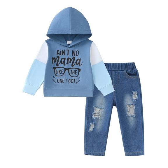 18 Months Baby Boys Clothes 24 Months Boys Fall Winter Pant Set Toddler Boys Long Sleeve Letter Print Hooded Top Jeans Pants 2PCS Outfits Set Blue