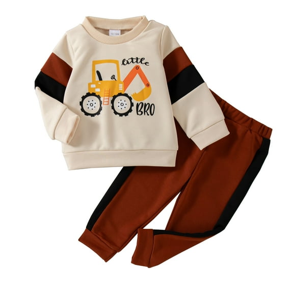 18 Months Baby Boys Clothes 24 Months Boys Fall Winter Pant Set Toddler Boys Long Sleeve Round Neckline Excavator Print Top Pants 2PCS Outfits Set Brown
