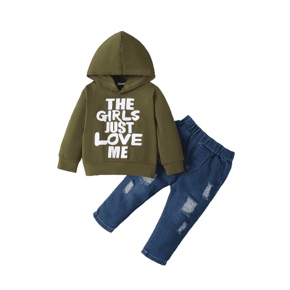 18 Months Baby Boys Fall Winter Outfits 24 Months Infant Boys Pants Sets Letter Graphics Print Long Sleeve Hoodies Tops Ripped Jeans Demin Trousers 2Pcs Clothing 12M-4Y Army Green