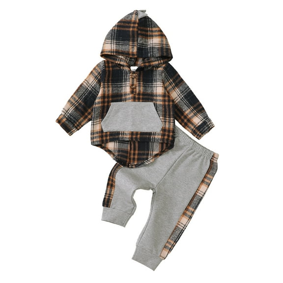 18 Months Baby Boys Outfits 24 Months Boys Fall Winter Clothes Toddler Boys Long Sleeve Hooded Plaid Top Pants 2PCS Set Multicolor