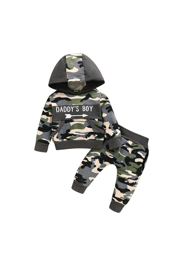 18 Months Baby Boys Outfits 24 Months Toddler Boys Fall Winter Clothes Letter Print Long Sleeve Hooded Tops Camouflage Pants Set Gray