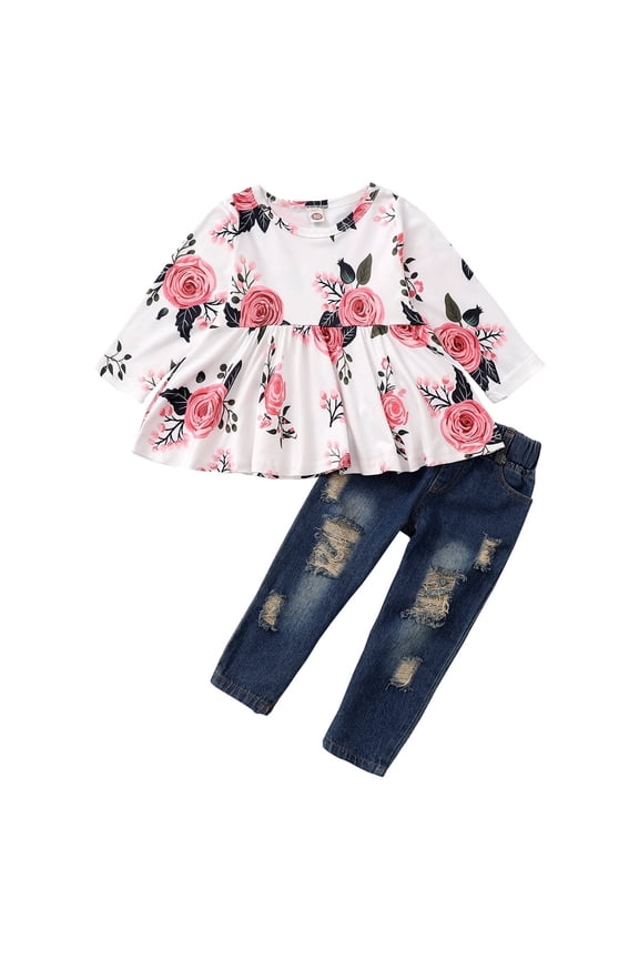 18 Months Baby Girl Fall-Winter Outfits Pants Sets 24 Months Long Sleeve Floral Prints Tops Elastic Denim Pants 2PCS Set White