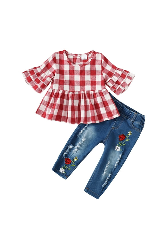 18 Months Baby Girls Clothes 24 Months Girls 2PCS Denim Outfits Set Toddler Girls Short Sleeve Top Denim Pants Set Red