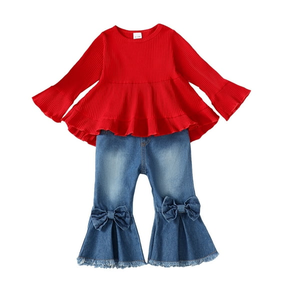 18 Months Baby Girls Clothes 24 Months Girls 2PCS Fall Winter Denim Outfits Set Toddler Girls Long Sleeve Irregular Top Denim Pants Set Red