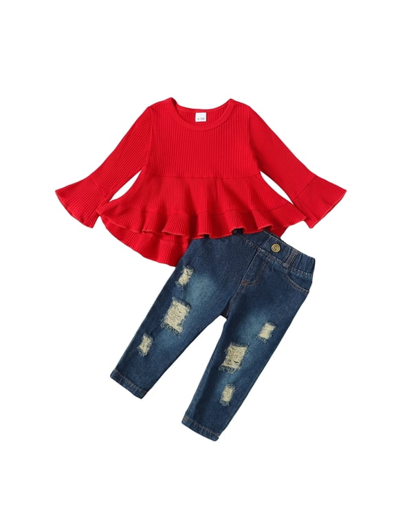 18 Months Baby Girls Clothes 24 Months Girls 2PCS Fall Winter Outfits Set Solid Color Toddler Girls Long Sleeve Irregular Top Denim Pants Set Red