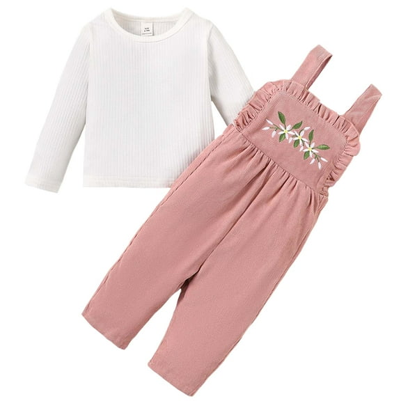 18 Months Baby Girls Clothes 24 Months Girls 2PCS Fall Winter Outfits Set Toddler Girls Long Sleeve Top Overall Pants Set Pink
