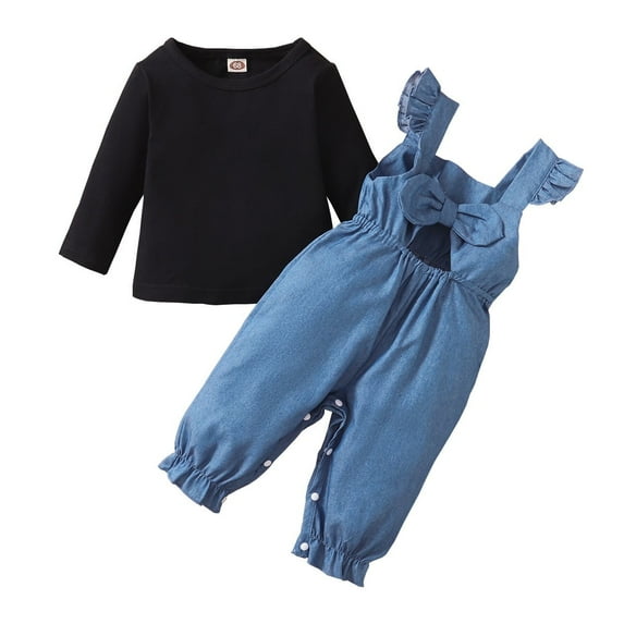 18 Months Baby Girls Clothes 24 Months Girls 2PCS Fall Winter Outfits Toddler Girls Long Sleeve Top Overall Pants Set Black