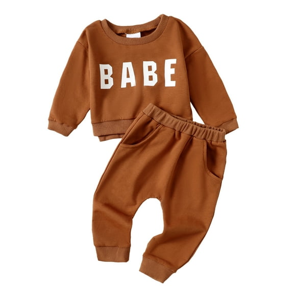 18 Months Baby Girls Clothes 24 Months Girls 2PCS Fall Winter Solid Color Outfits Set Letter Print Toddler Girls Long Sleeve Top Pants Set Brown