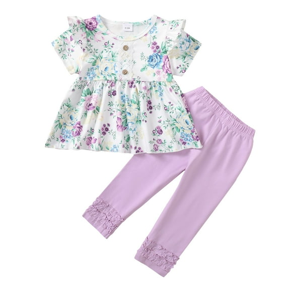 18 Months Baby Girls Clothes 24 Months Girls 2PCS Floral Outfits Set Flower Print Toddler Girls Short Sleeve Top Pants Set Purple