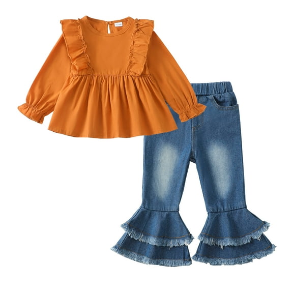 18 Months Baby Girls Clothes 24 Months Girls 2PCS Outfits Set Solid Color Toddler Girls Long Sleeve Crew Neck Top Denim Pants Set Brown