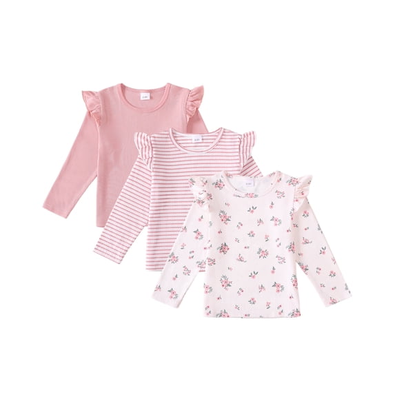 18 Months Baby Girls Clothes 24 Months Girls 3 Pack Fall Winter Shirts Toddler Girl Long Sleeve Crew Neck 3PCS T-shirts Pink