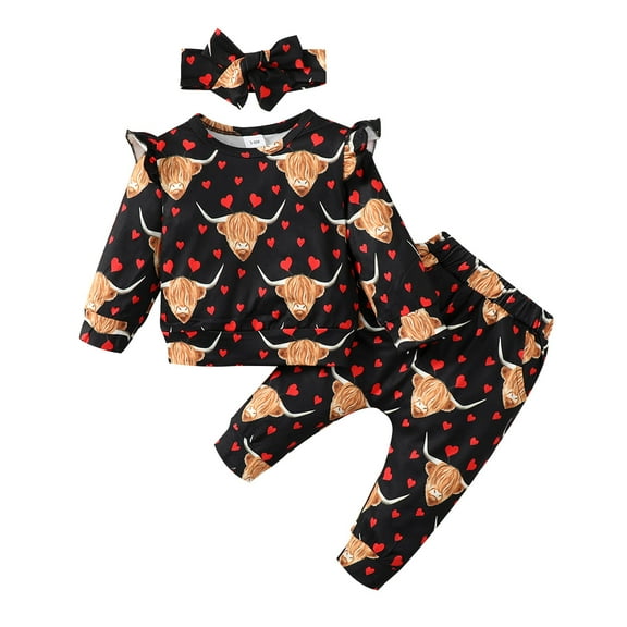 18 Months Baby Girls Clothes 24 Months Girls 3PCS Outfits Set Heart Print Toddler Girls Long Sleeve Round Neck Top Pants Set with Headband Black