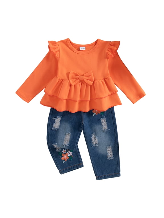 18 Months Baby Girls Clothes 24 Months Girls Fall Winter Pant Set Toddler Girls Long Sleeve Round Neckline Solid Color Top Jeans Pants 2PCS Outfits Set Orange