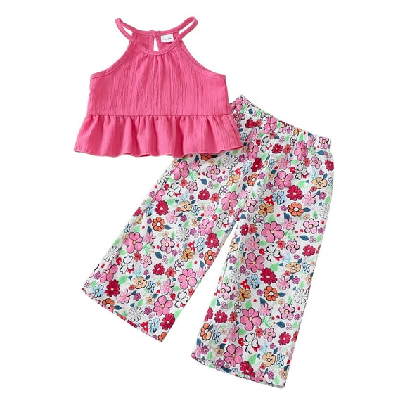 18 Months Baby Girls Clothes 24 Months Girls Pant Set Outfits Set Toddler Girls Sleeveless Halter Solid Color Top Floral Pants 2PCS Set Rose Red