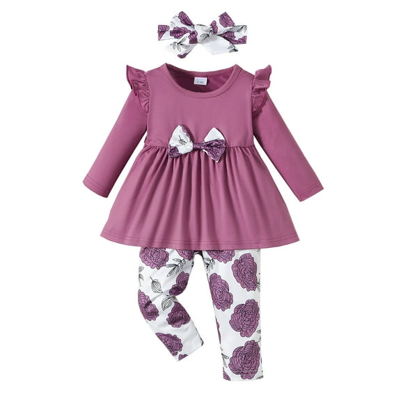 18 Months Baby Girls Clothes 24 Months Girls Pant Set Toddler Girls Long Sleeve Solid Color Top Floral Pants Headband 3PCS Set Purple