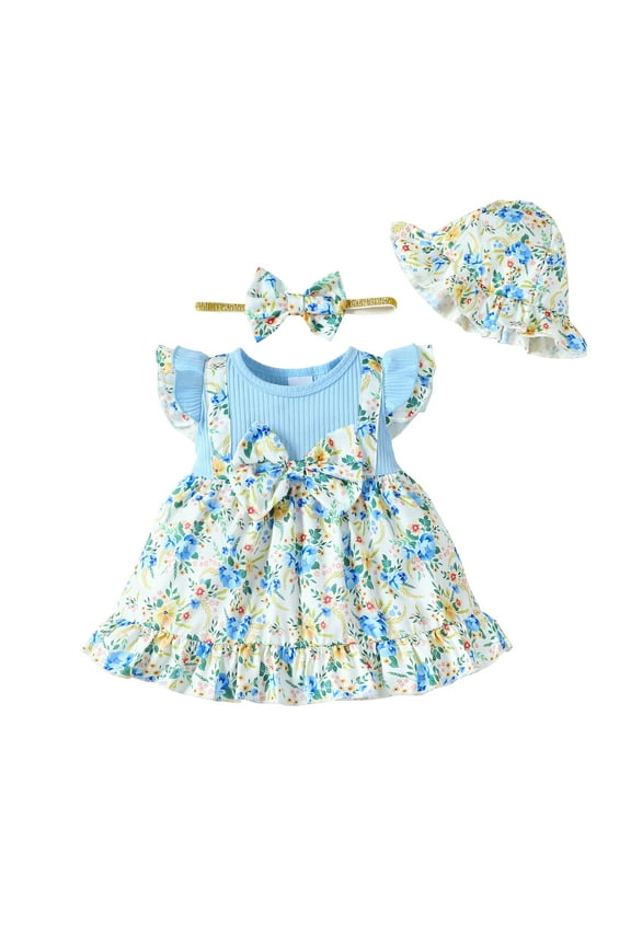 18 Months Baby Girls Dress 24 Months Girls Sleeveless Dress Flower Print Cute Bowknot Toddler Girls Summer Floral Dress with Headband Hat Blue