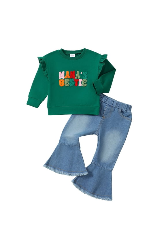 18 Months Baby Girls Outfits 24 Months Girls Fall Winter Clothes Toddler Girls Ruffle Long Sleeve Cute Top Jeans Bell-bottomed Pants 2PCS Set Green