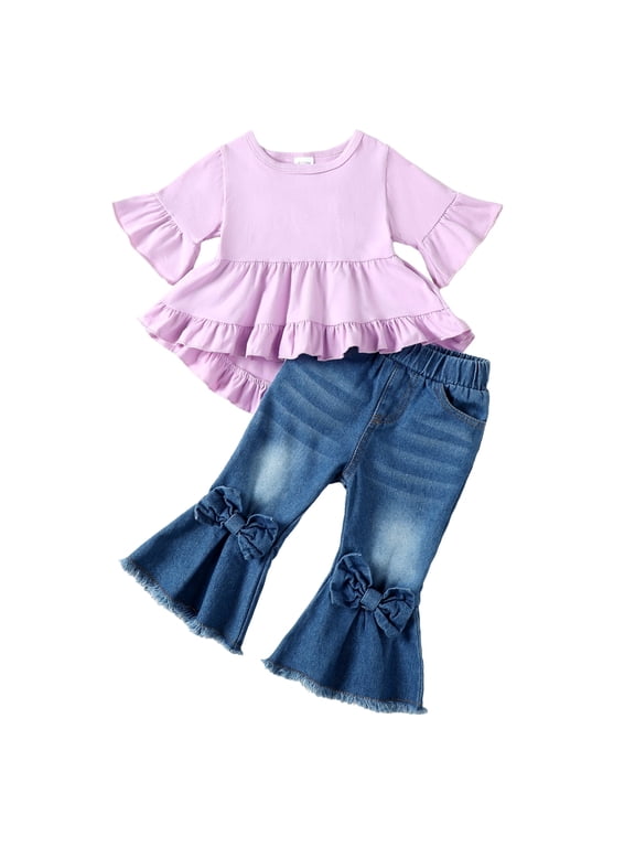 18 Months Baby Girls Outfits 24 Months Girls Pant Sets Toddler Girls Short Sleeve Solid Color Top Jeans Pants 2PCS Set Purple