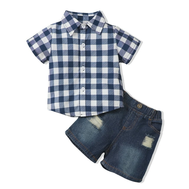 Baby Boy Outfits 18 Months Boy Clothes Summer Plaid Blue Short Sleeve