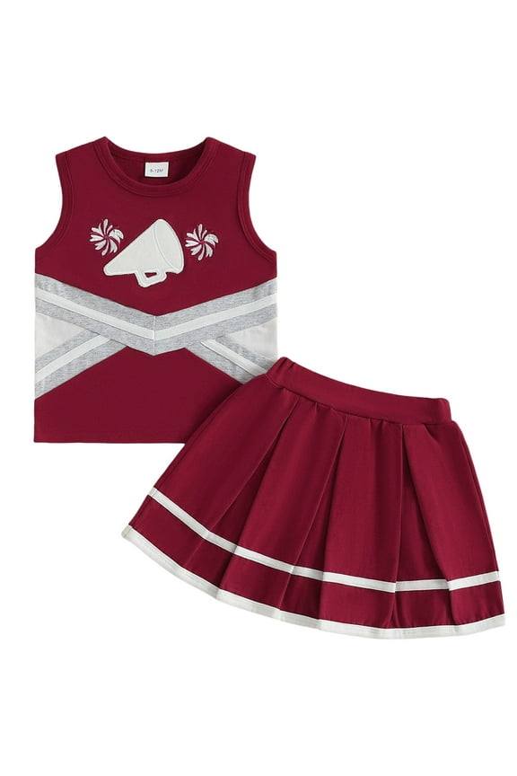 18 Months Girl Clothes Sweat Suits Toddler Baby Girl Cheerleader Outfit V-Neck Crop Top Vest Ruffle Pleated Mini Skirt 2PC Gameday Cheer Uniform for Girl