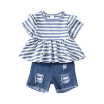 18 Months Girl Clothes Toddler Baby 24 Months Girls Clothes Ripped Denim Shorts Blue Stripe Shirt 18-24 Months Girl Clothing Summer Fall Outfits