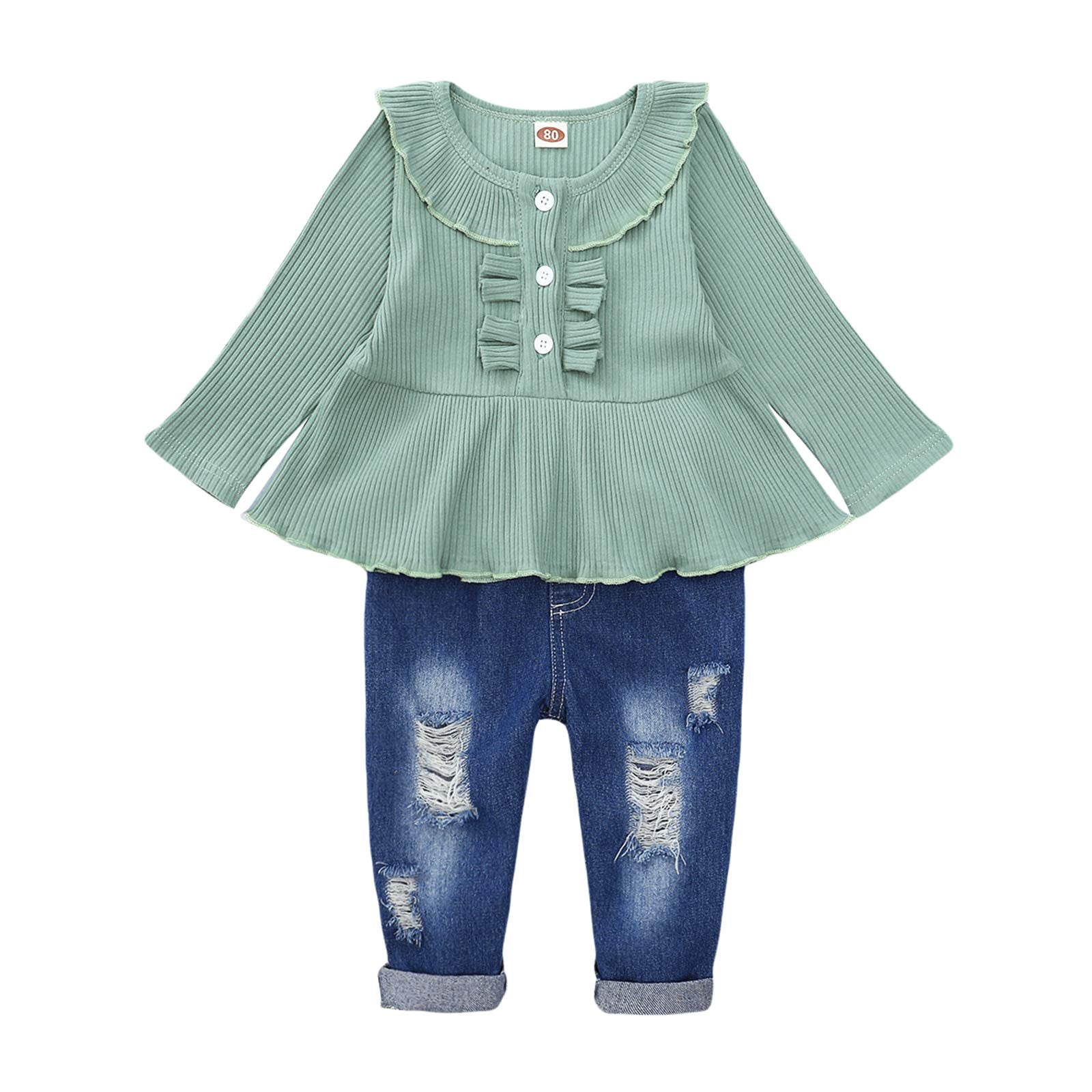 18 Months Girl Clothes Toddler Baby Girl Outfits Ruffle Long Sleeve Top Ripped Denim Jeans Pant