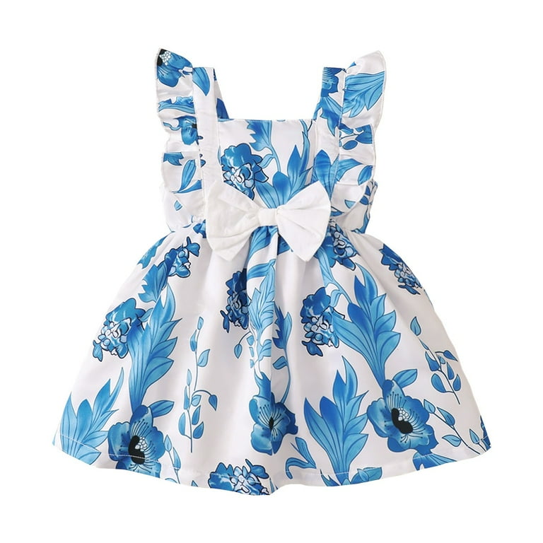 18 Months Infant Baby Girl Clothes 24 Months Toddler Girls Summer Dress Sleeveless Dress Cute Bowknot Floral Dress Blue