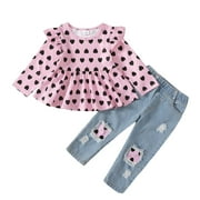SAEABY 18 Months Toddler Baby Girls Clothes Baby Girls Outfits 18-24 Months Girls Long Sleeve Heart Print Top Jeans Pants 2PCS Set Pink