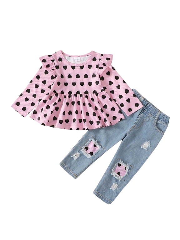 18 Months Toddler Baby Girls Clothes Baby Girls Outfits 18-24 Months Girls Long Sleeve Heart Print Top Jeans Pants 2PCS Set Pink