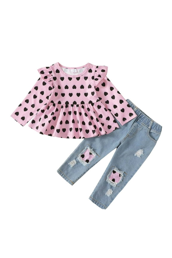 18 Months Toddler Baby Girls Clothes Baby Girls Outfits 18-24 Months Girls Long Sleeve Heart Print Top Jeans Pants 2PCS Set Pink