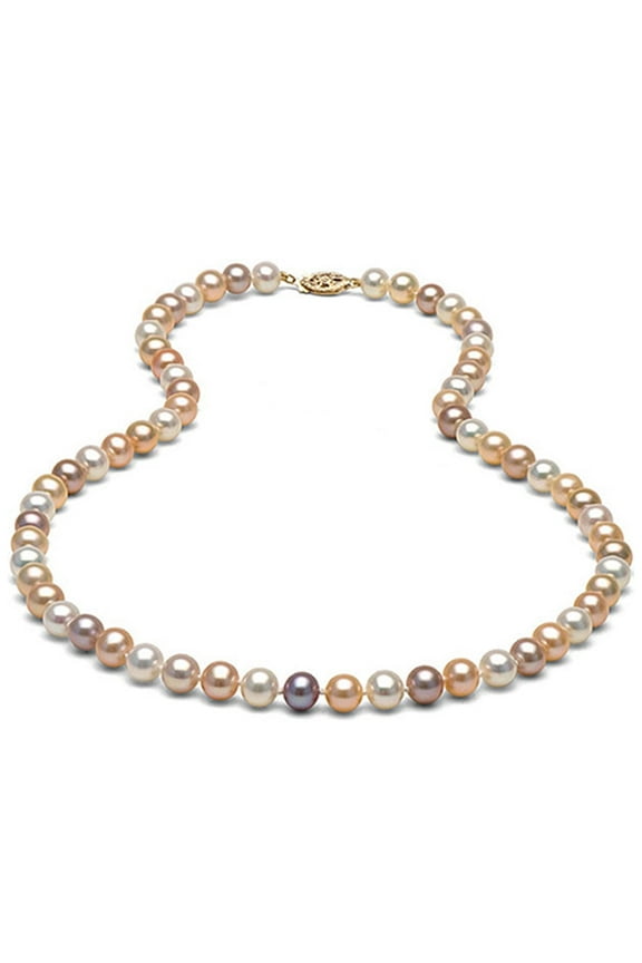 18 Multicolor Freshwater Cultured Pearl Necklace 8.0-8.5mm Round AAA Quality with 14K Solid Yellow Gold Clasp