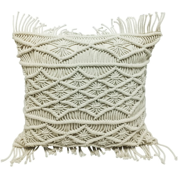 18" Natural Cotton Handmade Macrame Square Cushion with Fringes