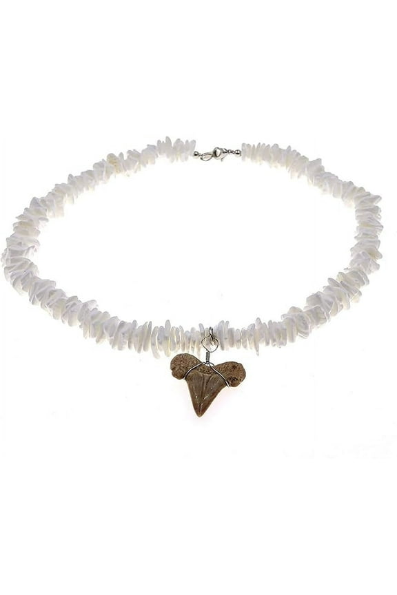 Shark Tooth Necklace - 18" Puka Shell Choker, Fossil Teeth Beach Surf Necklaces