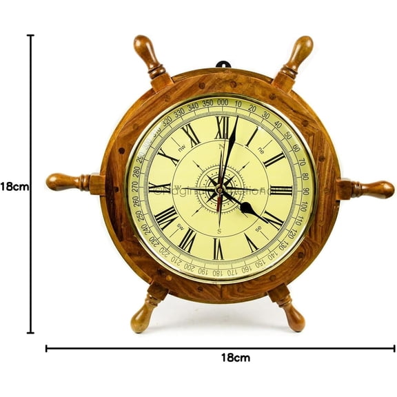 18" Nautical Hand Crafted Premium Ship Wheel Clock with Directional Pirate's Compass Dial Face | Home Decor Wall Clock Nursery Gifts & Collectibles