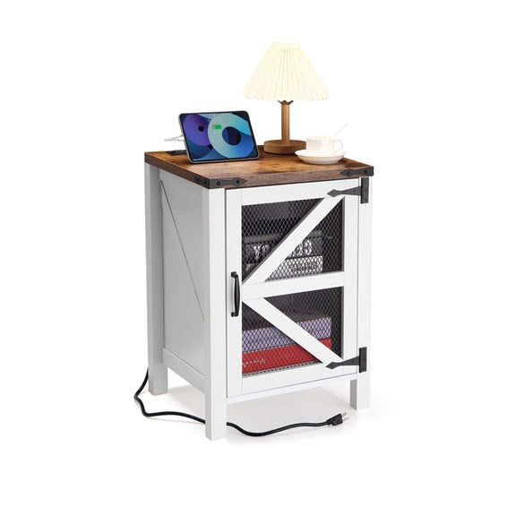 18"Nightstand with Charging Station Farmhouse End Table with Barn Mesh Door and Adjustable Shelf Sofa Side Table for Living Room Bedroom Office 18"D x 18"W x 24.4"H