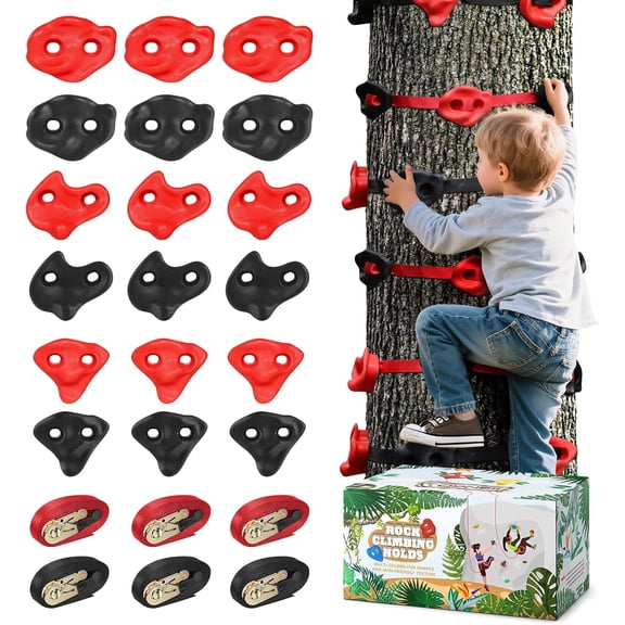 18 Ninja Tree Climbing Holds for Kids Climber, Red & Kit with 6 Ratchet Straps Outdoor Warrior Obstacle Course Training
