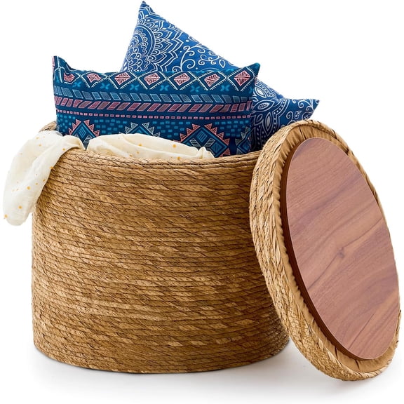 18'' Ottoman Pouf, Natural Braided Poof, Rustic Handweave Lounge Pouffe, Boho Footrest Stool for Bedroom, Accent Table for Living Room (Storage - 18inch Natural Cattail L)