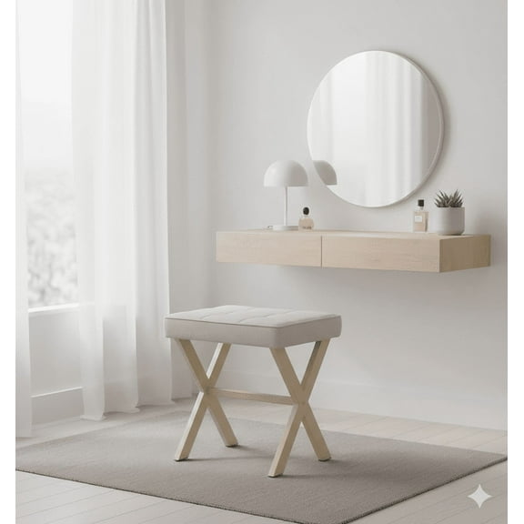 18" Ottoman Vanity Stool, Upholstered Linen Footrest with Metal X-Frame, Small Square Padded Makeup Stool for Bedroom Living Room,Beige