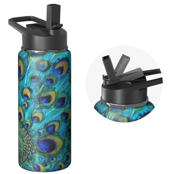 18 Ounce Triple Insulated Peacock Themed Bottle with Lid, Stainless Steel Reusable Flask Stays Cold 24H, Eco Friendly Steel for Outdoor Activities, Camping & Rock Climbing